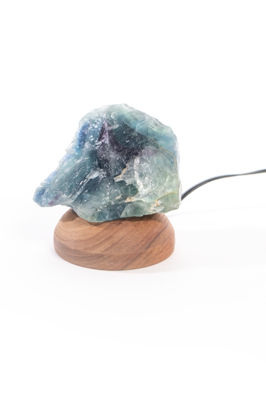 Fluorite Rock Lamp with Wooden Base