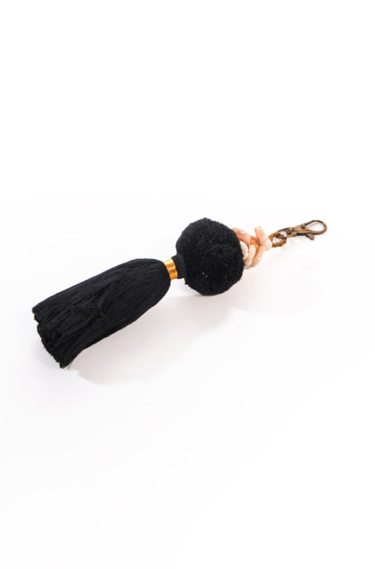 Keyring with black Pom pom tassel and Cowrey shells