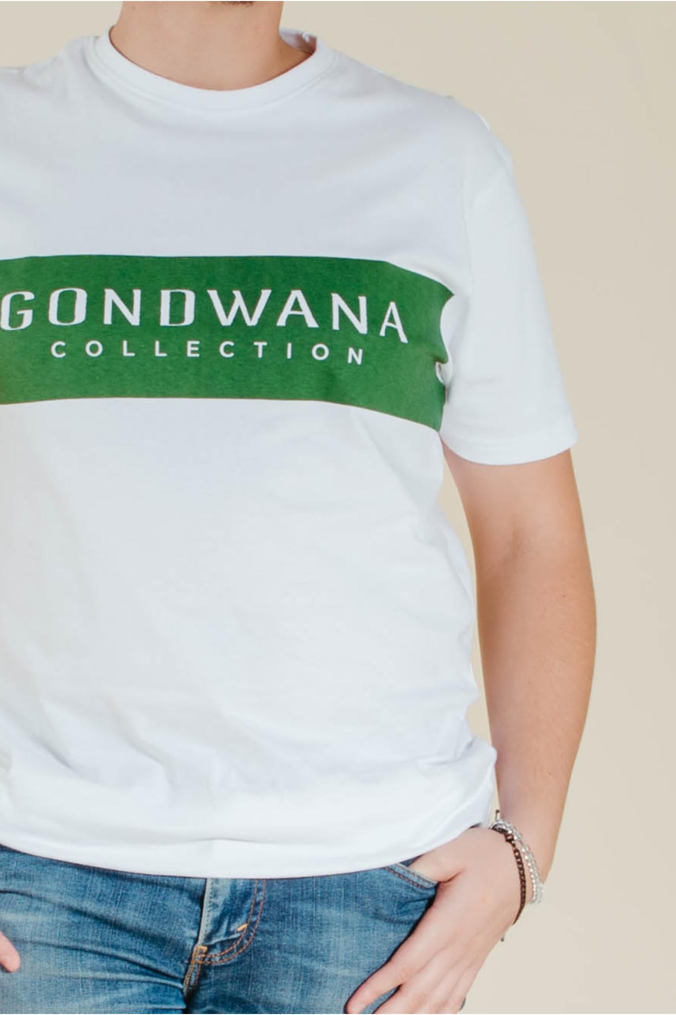 Gondwana print mens green stripe t-shirt