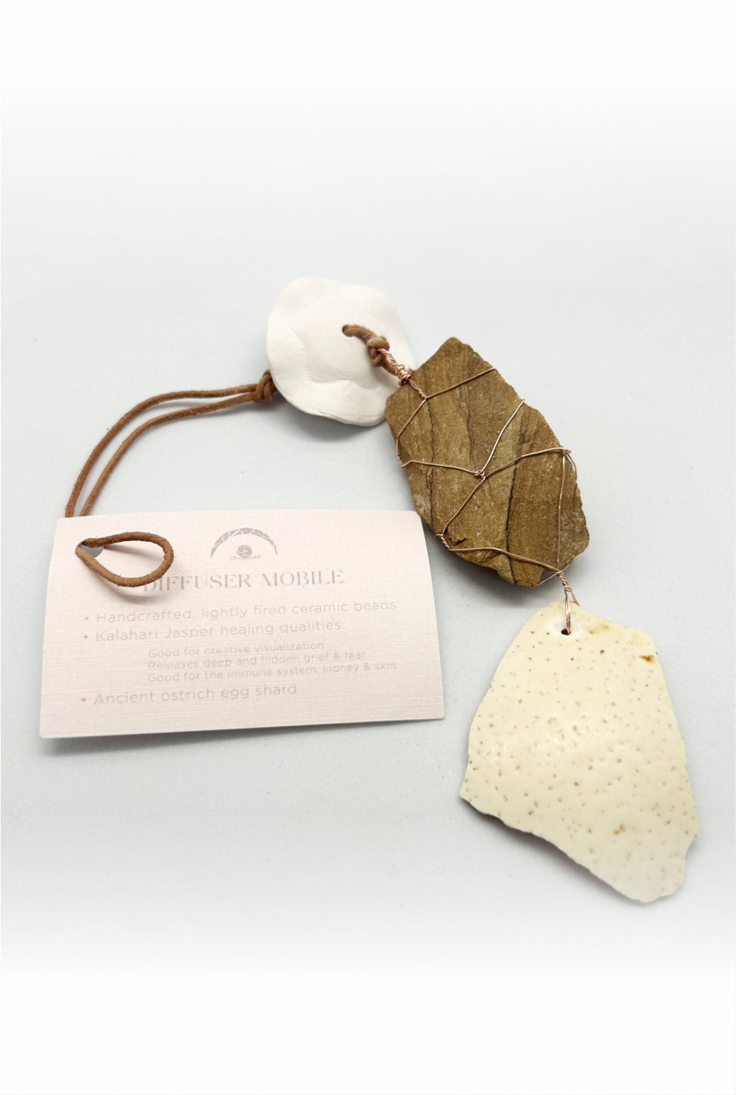 Reverie Diffuser Mobile with a Ceramic Bead, Kalahari Jasper rock & an Ostrich Egg shard