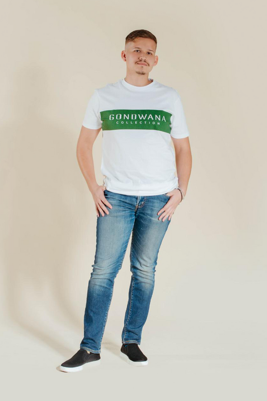 Gondwana print mens green stripe t-shirt