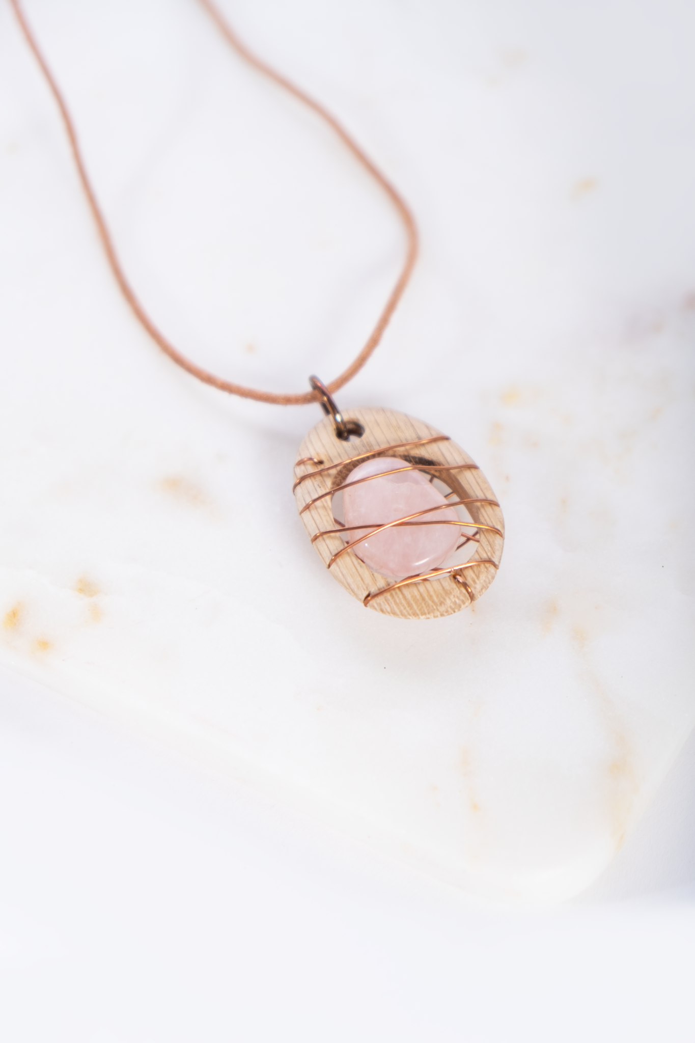 Wooden Caged Rose Quartz Necklace