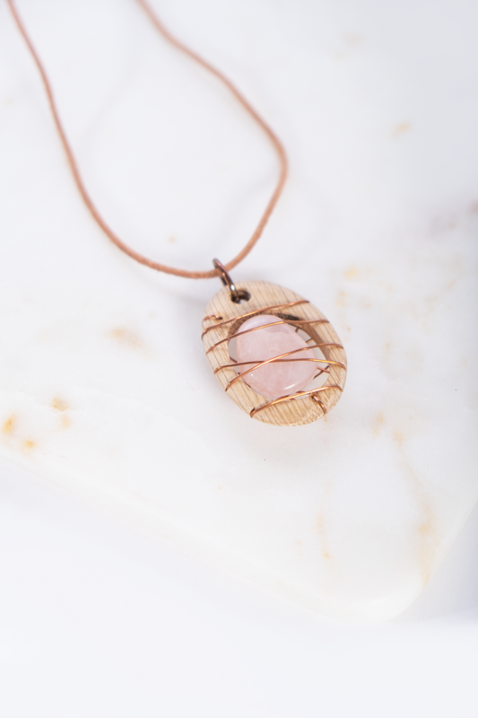 Wooden Caged Rose Quartz Necklace
