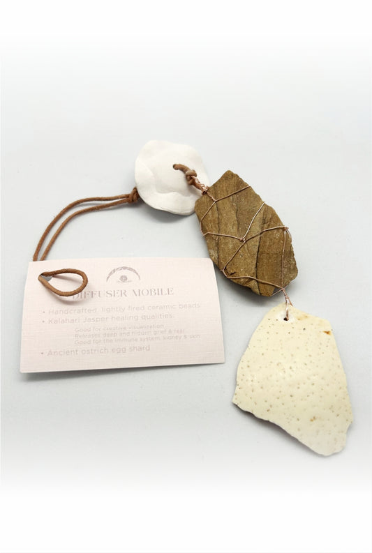 Reverie Diffuser Mobile with a Ceramic Bead, Kalahari Jasper rock &amp; an Ostrich Egg shard